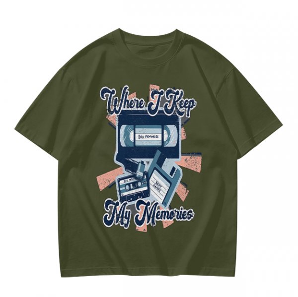 Olive Retro T-Shirt With Vintage Media Print 'Where I Keep My Memories'