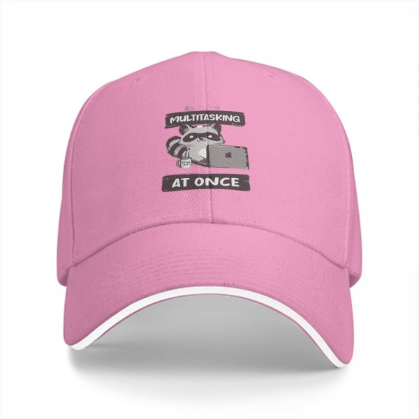 Black baseball cap with multitasking raccoon laptop graphic