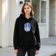 Black hoodie with Questers Monsters themed blue graphic print