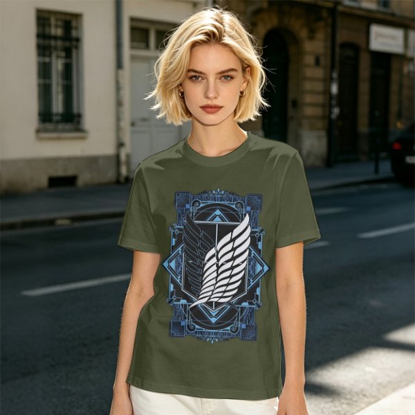 Olive T-Shirt With Attack on Titan Survey Corps Wings Print