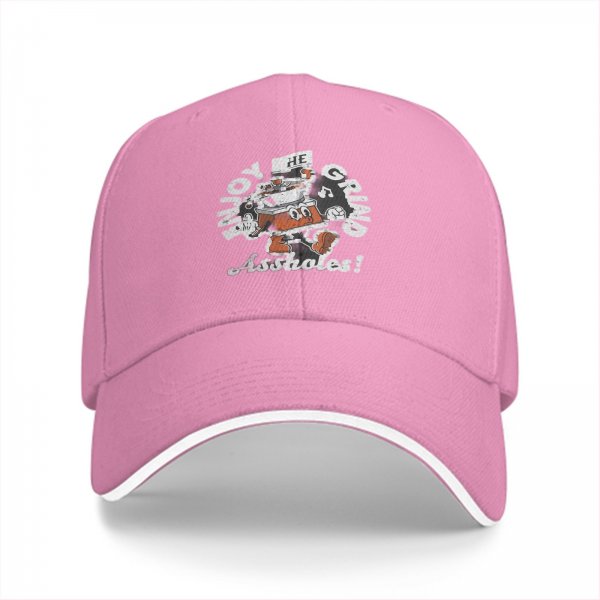 Black baseball cap with 'Enjoy The Grind Assholes!' cartoon print