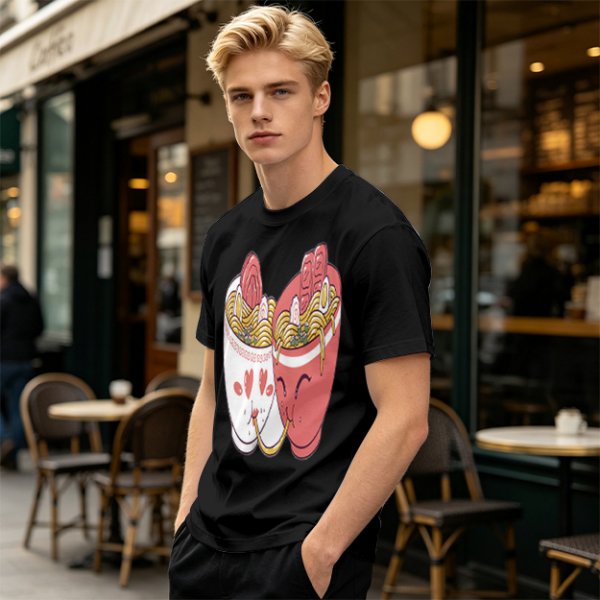 Olive T-Shirt With Cute Ramen Cups In Love Graphic