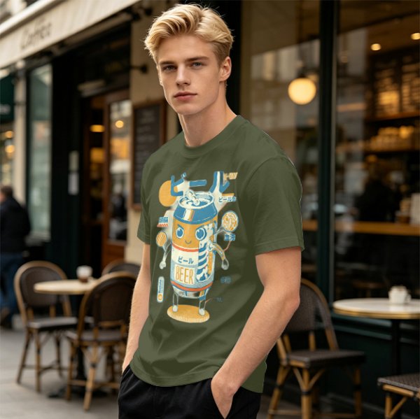 Olive T-Shirt With Kawaii Beer Can Robot Graphic