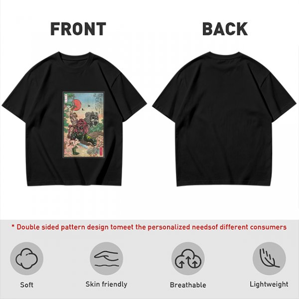 Olive T-shirt with ukiyo-e style fantasy creature graphic print