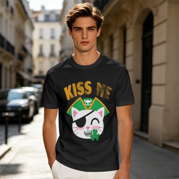 Kiss Me Pirate Cat Shamrock Graphic T-Shirt