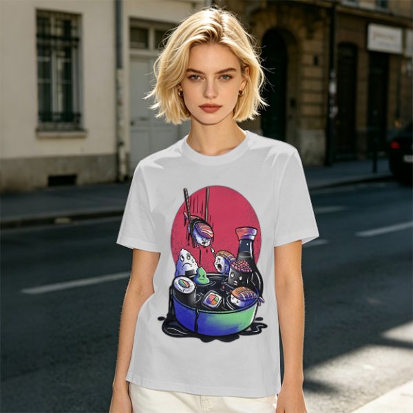 Olive T-Shirt With Anxious Sushi Characters In Soy Sauce Bowl Print