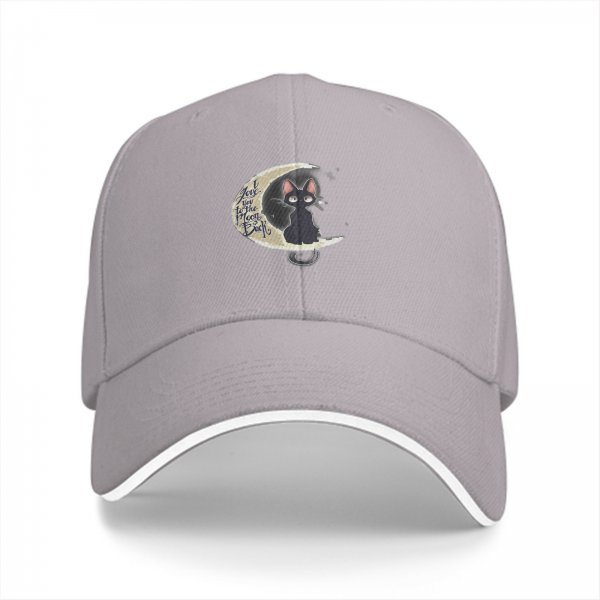 Black Baseball Cap with Black Cat on Crescent Moon Design