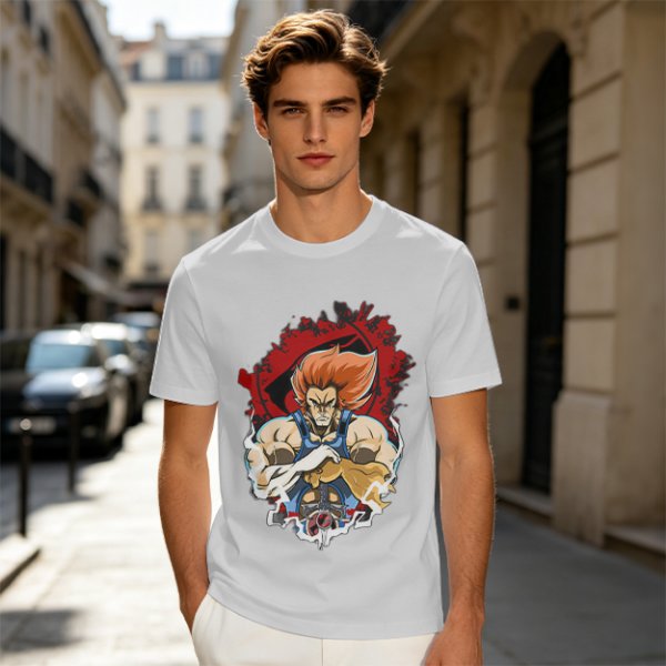 Olive T-Shirt with Retro Anime Lion Character Graphic