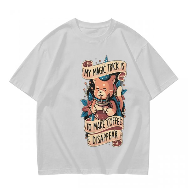 Olive t-shirt with a cat wizard making coffee disappear magic trick print