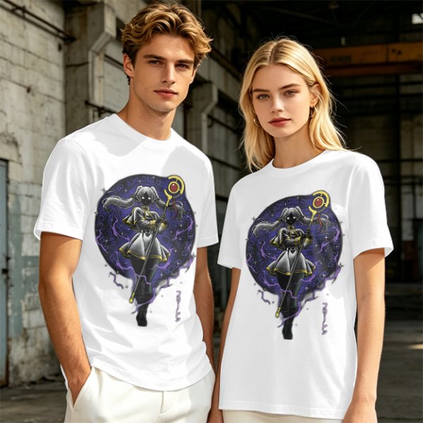 Olive T-shirt with dark anime elf mage holding staff and purple magic circle print