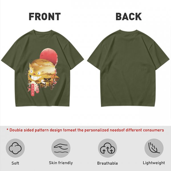 Olive t-shirt with Japanese cat bus and sun graphic