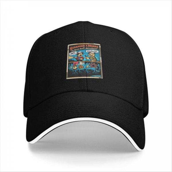 Black baseball cap with Stranger & Hobbs Upside Down Adventures graphic