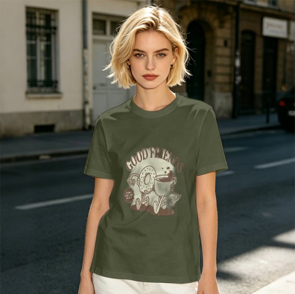 Olive green graphic t-shirt with good friends donut and coffee print