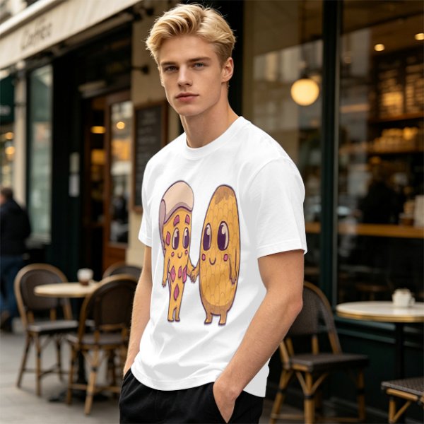 Olive Green T-Shirt With Cute Pizza And Corn Holding Hands Art