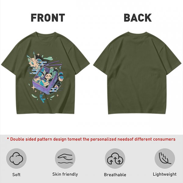 Olive t-shirt with whimsical bento box animal graphic print