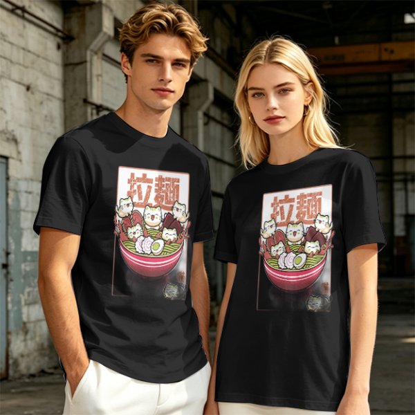 Olive T-Shirt With Cute Ramen Cat Bowl Graphic Print