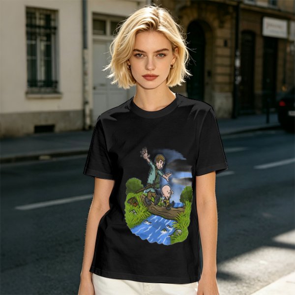 Olive T-shirt with Cartoon Boys Balancing on Log Over Stream