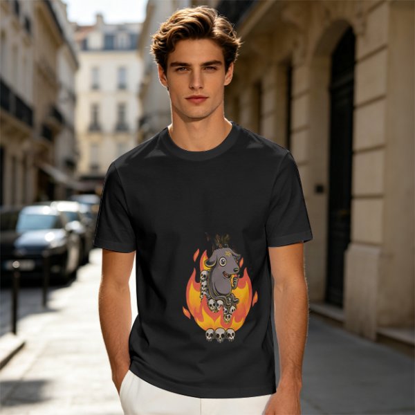 Olive T-Shirt With Cartoon Goat On Flames And Skulls Print