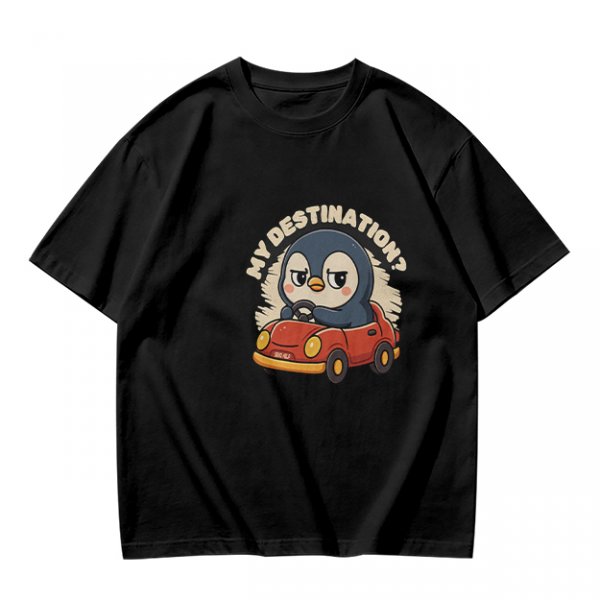 Olive T-Shirt With Cartoon Penguin Driving Car 'My Destination?' Print