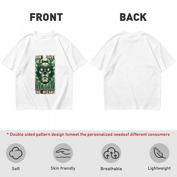 Olive green t-shirt with 'Don't Trust The Wizard' robot graphic print