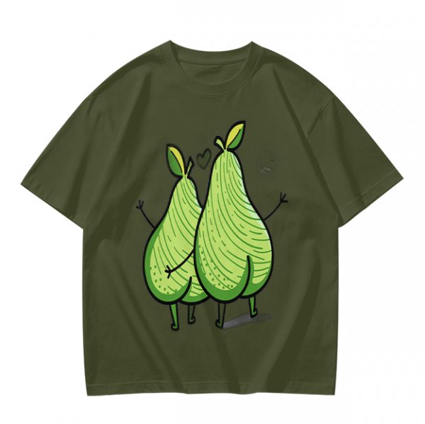 Olive Green T-Shirt With Two Cartoon Pears In Love Graphic