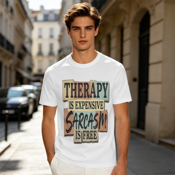 Olive graphic tee with 'Therapy is expensive sarcasm is free' print