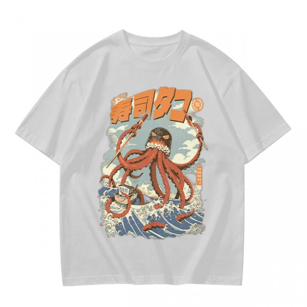 Olive t-shirt with Japanese octopus sushi warrior wave graphic
