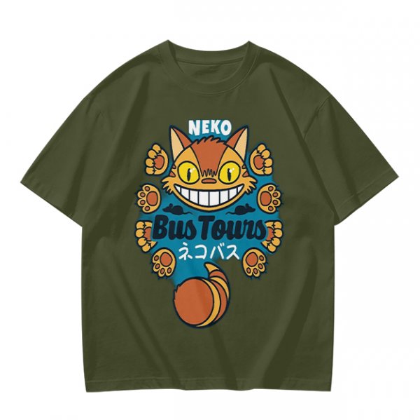 Neko Bus Tours Cat Graphic Olive T-Shirt