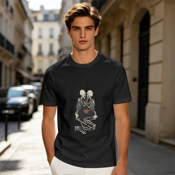 Olive T-Shirt With Skeleton Couple Embracing Red Heart Print