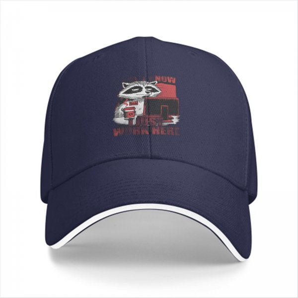 Black baseball cap with a tired raccoon office worker graphic