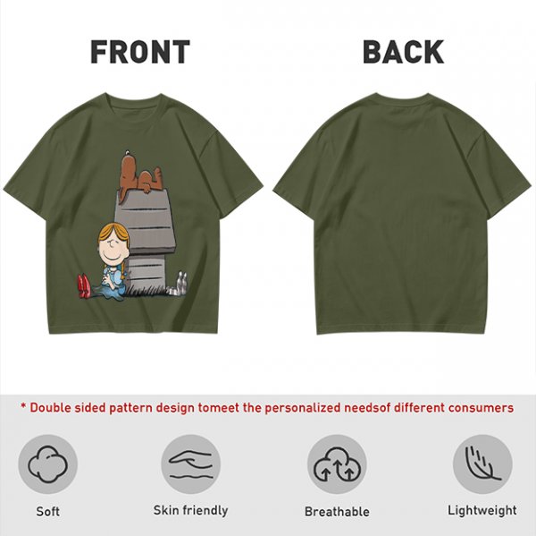 Olive T-Shirt with Peanuts Style Girl and Dog on Doghouse Print