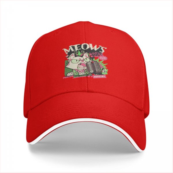 Black baseball cap with punk rock cat graphic design