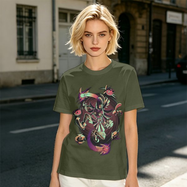Olive Graphic Tee With Surreal Fantasy Creature Art Print
