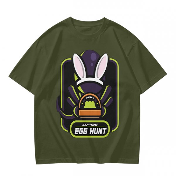 Olive T-Shirt With Alien Bunny Ears Egg Hunt Graphic