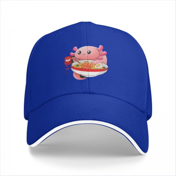 Black baseball cap with cute axolotl eating ramen graphic