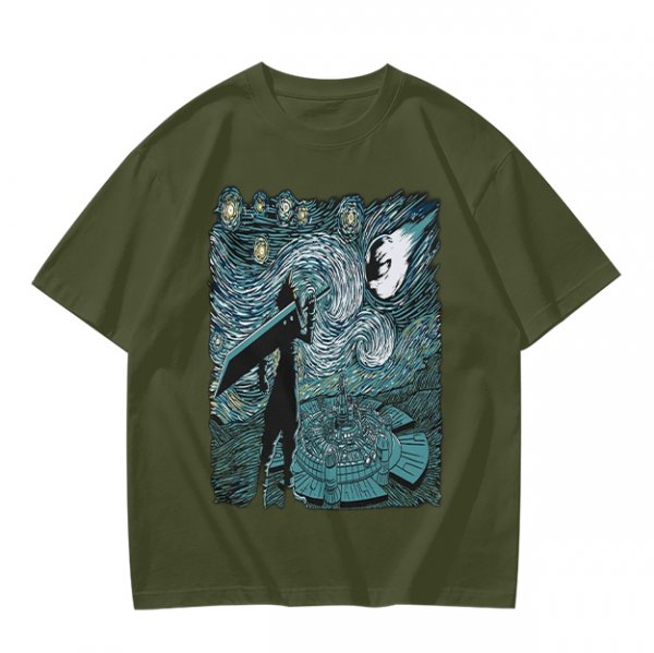 Olive T-shirt with Starry Night Style Fantasy Warrior Print