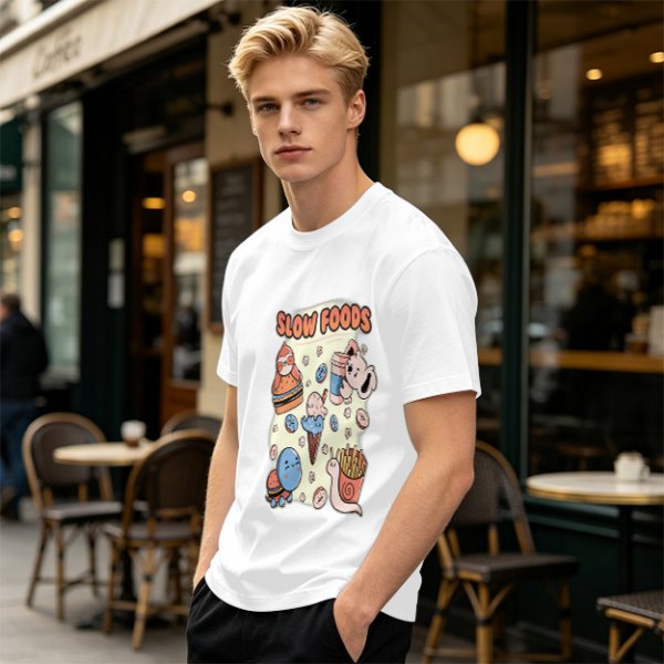 Olive green graphic t-shirt with slow foods animal fast food mashup print