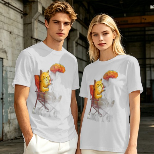 Olive T-Shirt Featuring a Relaxed Cat on a Chair with Fried Chicken Print