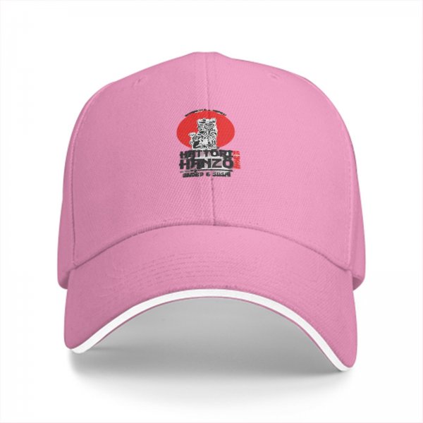 Black baseball cap with red sun and warrior graphic print