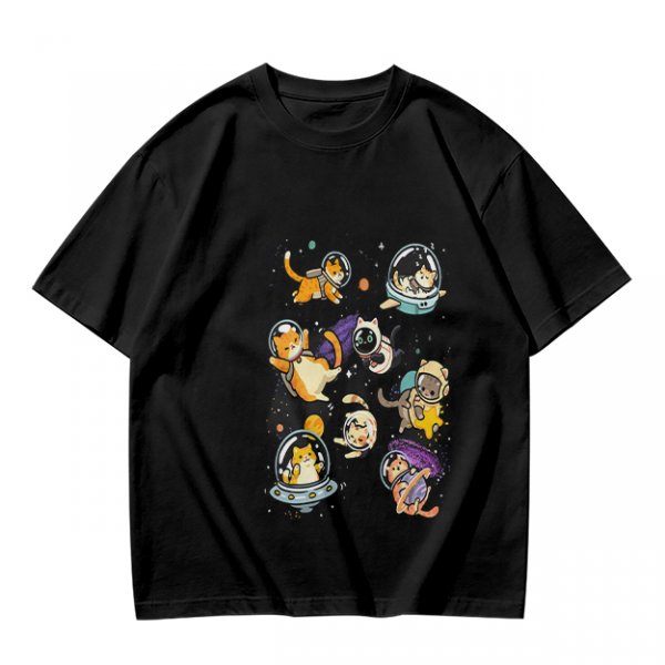Olive T-Shirt With Playful Space Cats Graphic Print