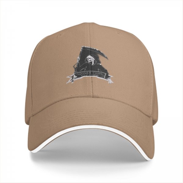 Black baseball cap with grim reaper graphic and 'Sooner Than You Think' text