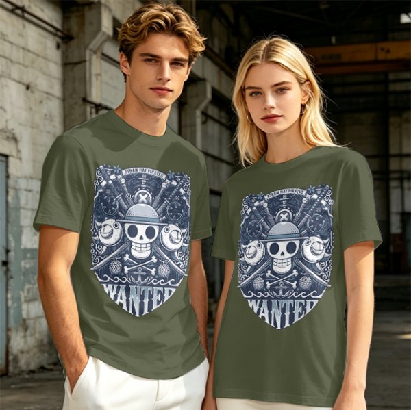 Olive T-shirt with Straw Hat Pirates Wanted Pirate Emblem Print