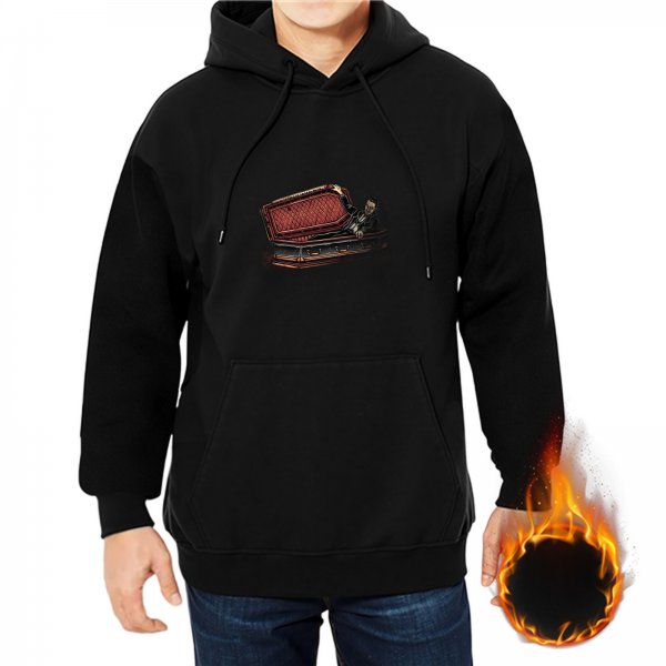 Black Hoodie With Vintage Gramophone Graphic Print