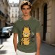 Olive T-Shirt With Grumpy Orange Cat Holding Hot Coffee Print