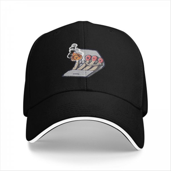 Black baseball cap with funny matchstick cartoon design