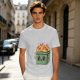 Olive green t-shirt with a cartoon burning box graphic