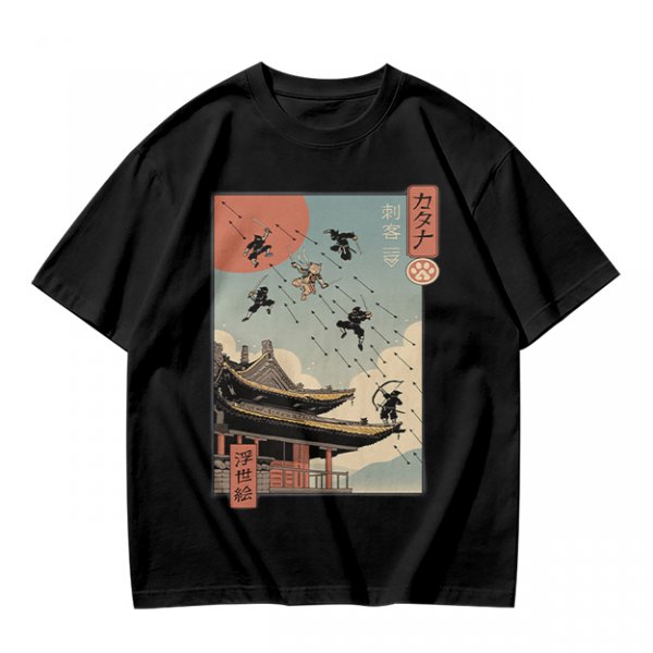 Olive T-Shirt with Ukiyo-e Style Ninja Temple Print