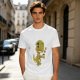 Olive T-shirt with a grumpy cartoon dinosaur holding a coffee mug