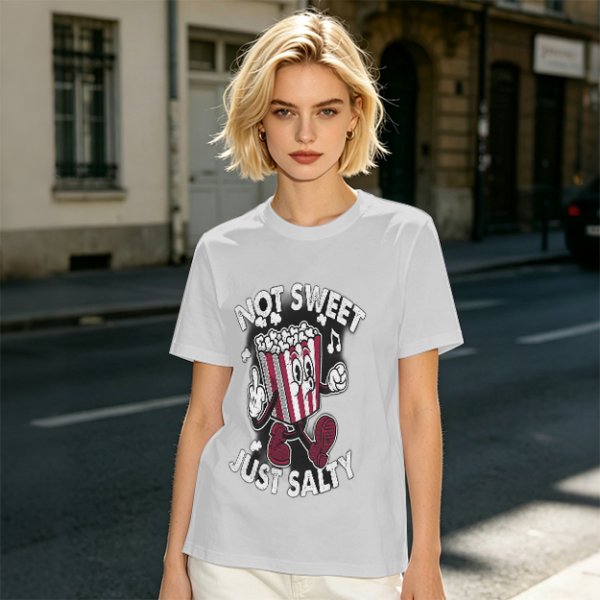 Olive T-Shirt with 'Not Sweet Just Salty' Cartoon Popcorn Print