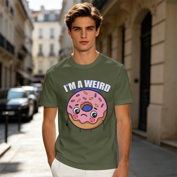 Olive green t-shirt with sad donut graphic and 'I'M A WEIRD' text